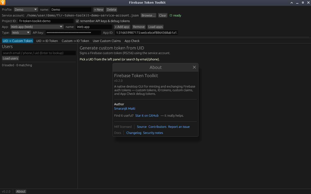 The About dialog, with its Source, Changelog and Security notes links