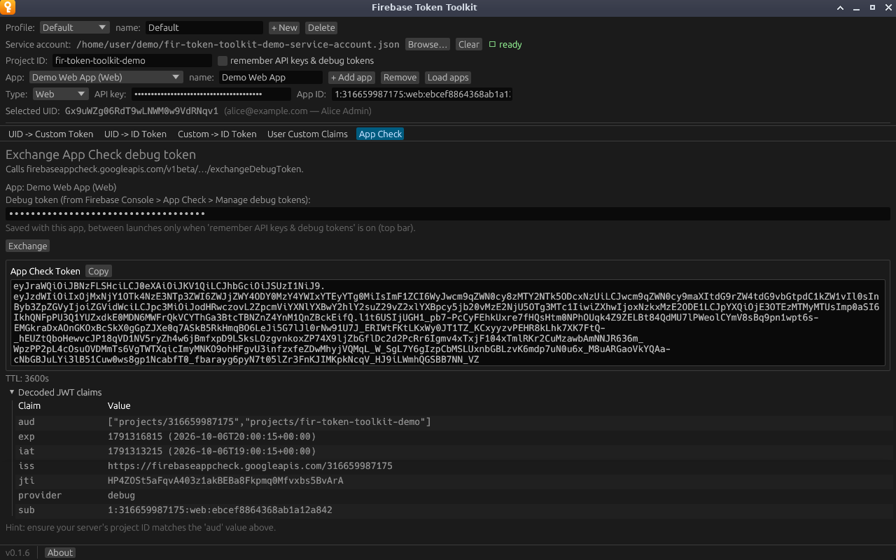 An App Check token with its TTL and decoded claims