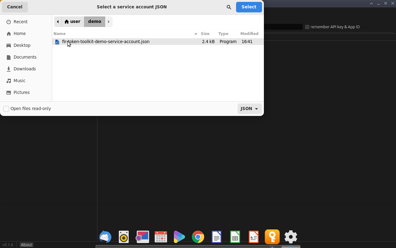 The file chooser, filtered to JSON files