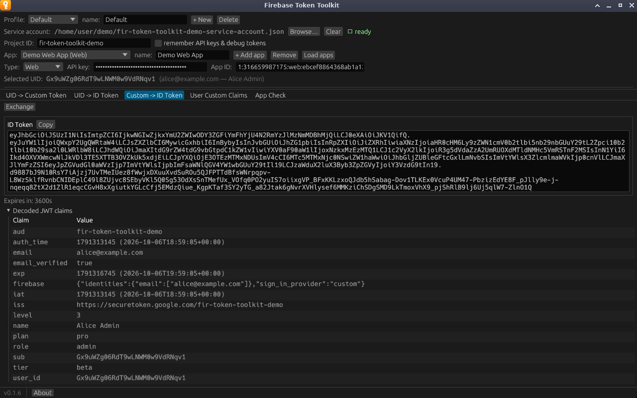 The ID token from an exchanged custom token, with tier from the custom token next to plan and role stored on the user