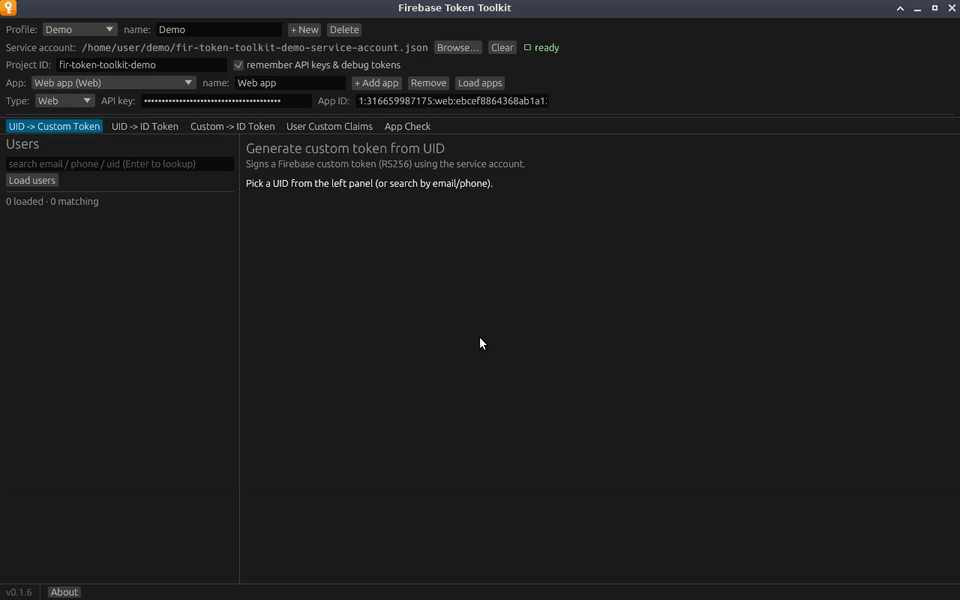 Loading the project’s apps, picking the Android app and a user, and generating an ID token