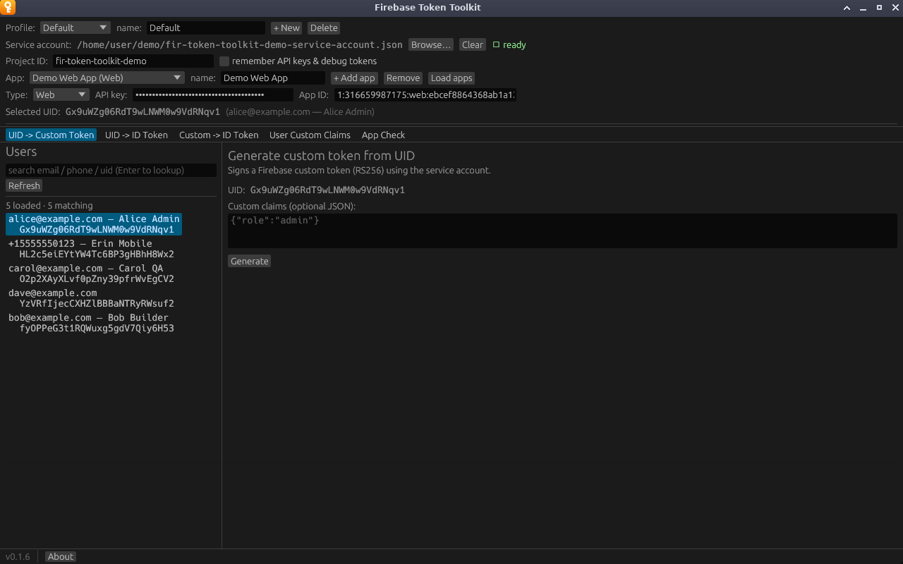 The UID -> Custom Token tab with a user selected