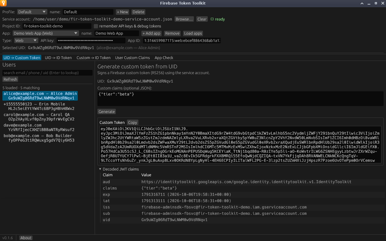 A custom token for alice@example.com with its decoded claims
